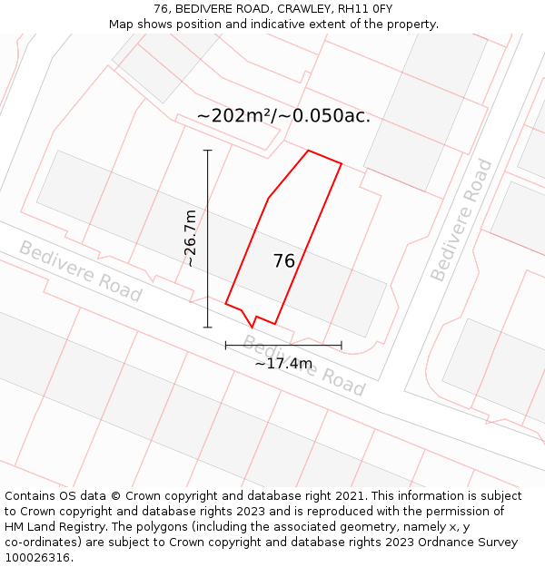 76, BEDIVERE ROAD, CRAWLEY, RH11 0FY: Plot and title map