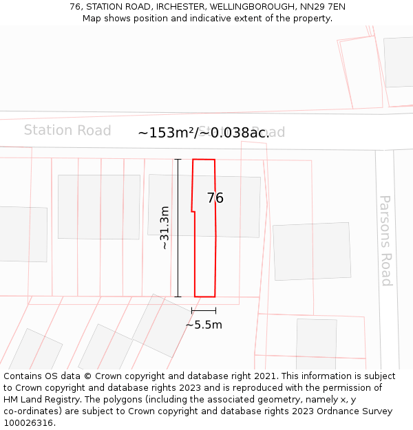 76, STATION ROAD, IRCHESTER, WELLINGBOROUGH, NN29 7EN: Plot and title map