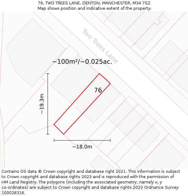 76, TWO TREES LANE, DENTON, MANCHESTER, M34 7SZ: Plot and title map