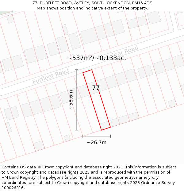 77, PURFLEET ROAD, AVELEY, SOUTH OCKENDON, RM15 4DS: Plot and title map