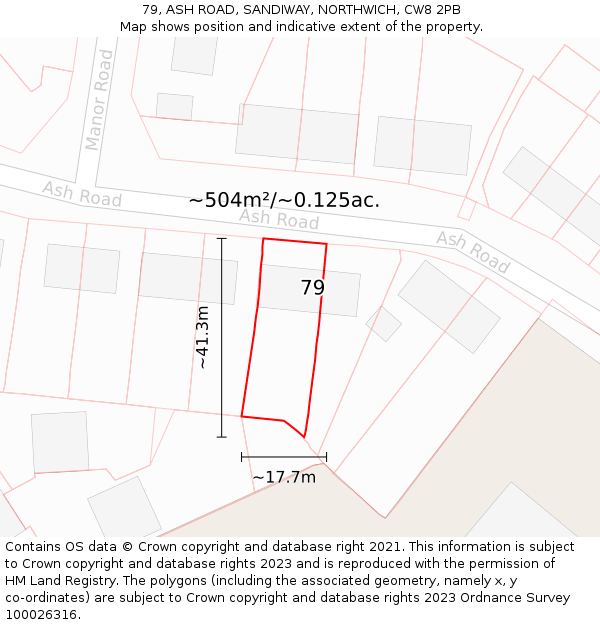 79, ASH ROAD, SANDIWAY, NORTHWICH, CW8 2PB: Plot and title map