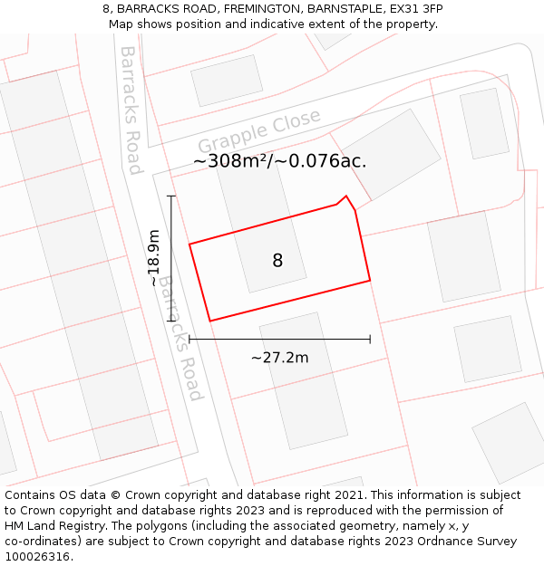 8, BARRACKS ROAD, FREMINGTON, BARNSTAPLE, EX31 3FP: Plot and title map
