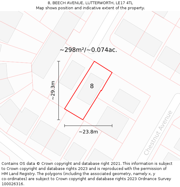 8, BEECH AVENUE, LUTTERWORTH, LE17 4TL: Plot and title map
