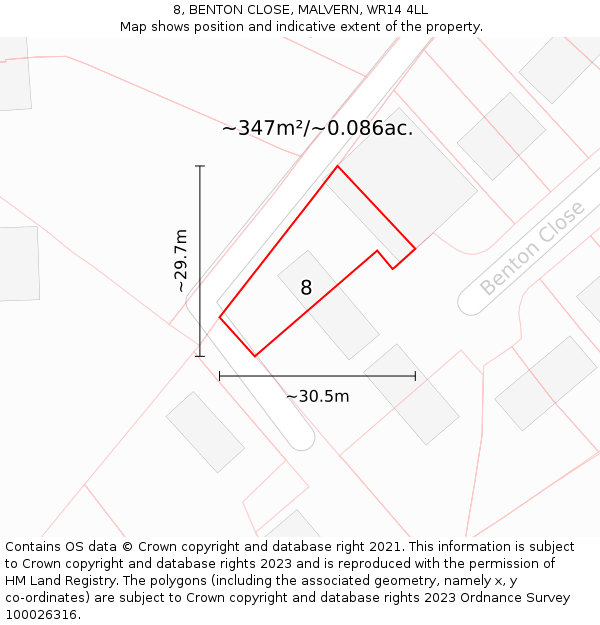 8, BENTON CLOSE, MALVERN, WR14 4LL: Plot and title map