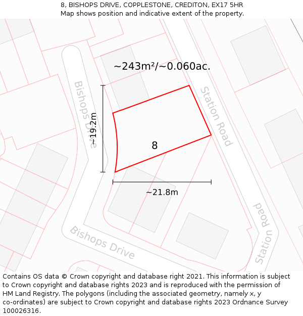 8, BISHOPS DRIVE, COPPLESTONE, CREDITON, EX17 5HR: Plot and title map