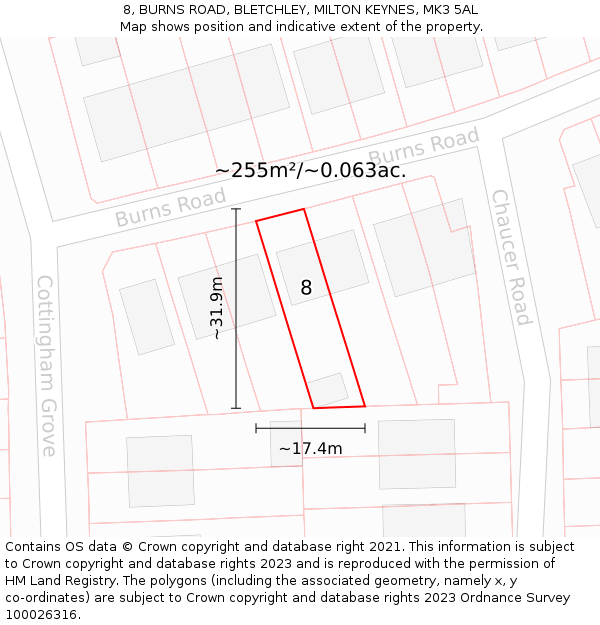 8, BURNS ROAD, BLETCHLEY, MILTON KEYNES, MK3 5AL: Plot and title map