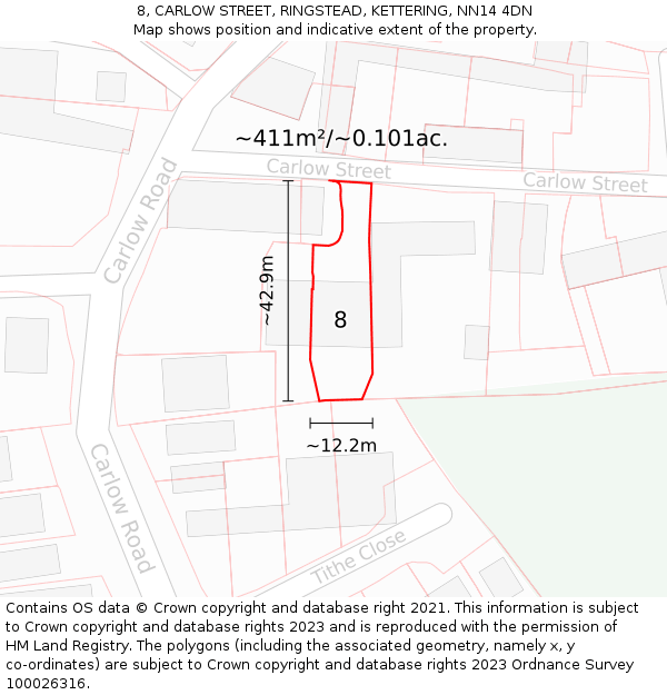 8, CARLOW STREET, RINGSTEAD, KETTERING, NN14 4DN: Plot and title map