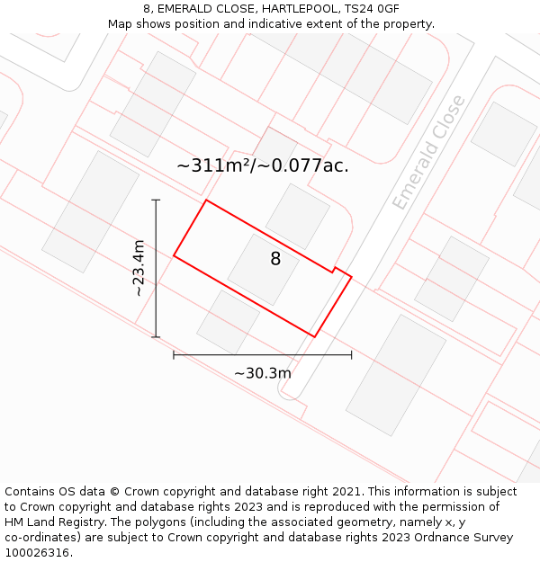 8, EMERALD CLOSE, HARTLEPOOL, TS24 0GF: Plot and title map