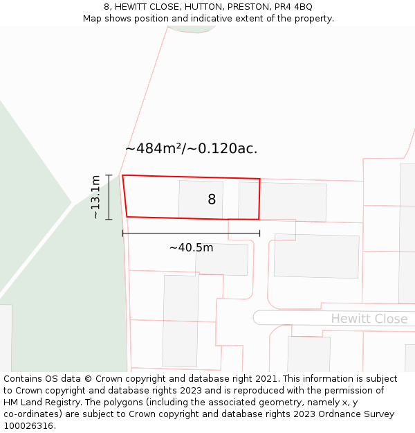 8, HEWITT CLOSE, HUTTON, PRESTON, PR4 4BQ: Plot and title map
