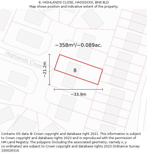 8, HIGHLANDS CLOSE, HASSOCKS, BN6 8LD: Plot and title map