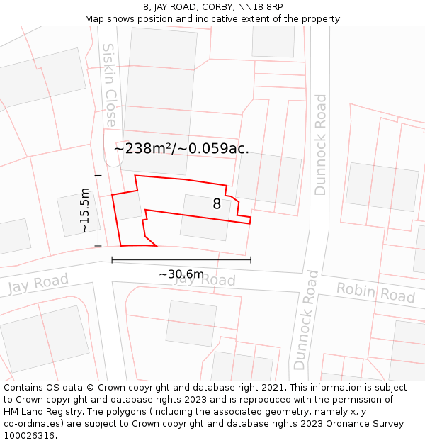 8, JAY ROAD, CORBY, NN18 8RP: Plot and title map
