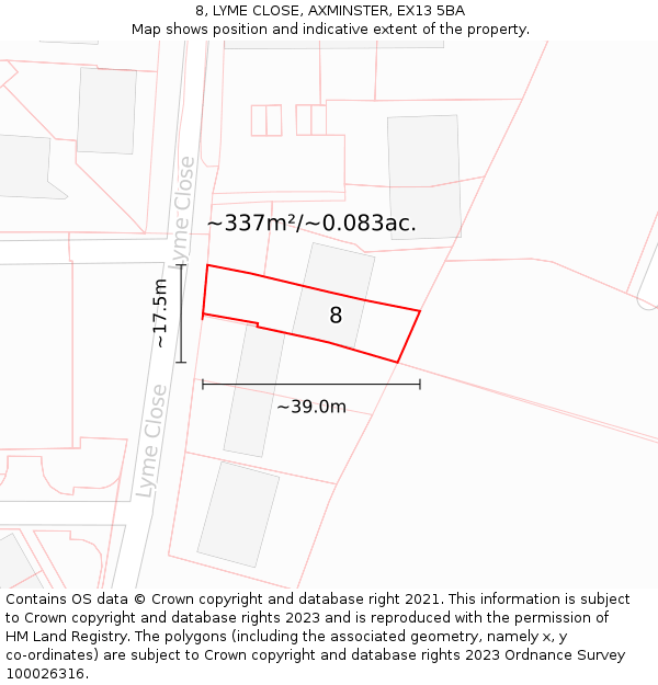 8, LYME CLOSE, AXMINSTER, EX13 5BA: Plot and title map