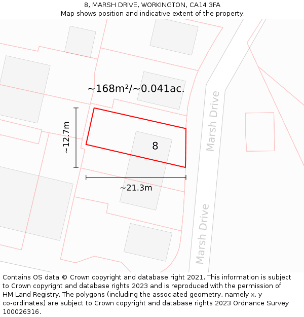 8, MARSH DRIVE, WORKINGTON, CA14 3FA: Plot and title map