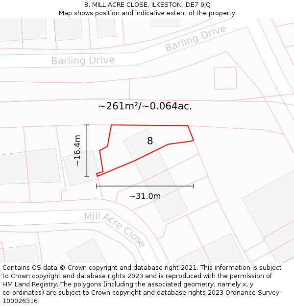 8, MILL ACRE CLOSE, ILKESTON, DE7 9JQ: Plot and title map