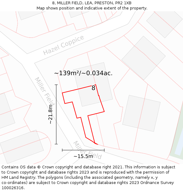 8, MILLER FIELD, LEA, PRESTON, PR2 1XB: Plot and title map