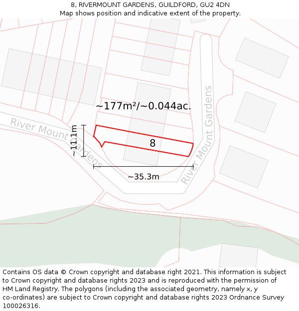 8, RIVERMOUNT GARDENS, GUILDFORD, GU2 4DN: Plot and title map