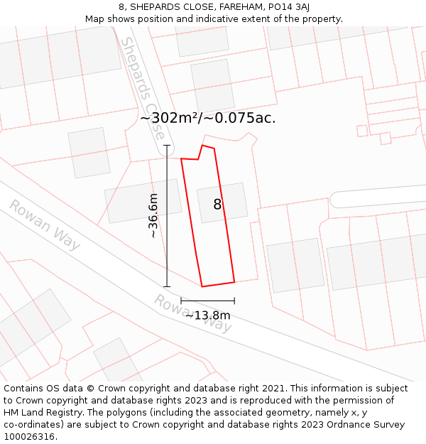8, SHEPARDS CLOSE, FAREHAM, PO14 3AJ: Plot and title map