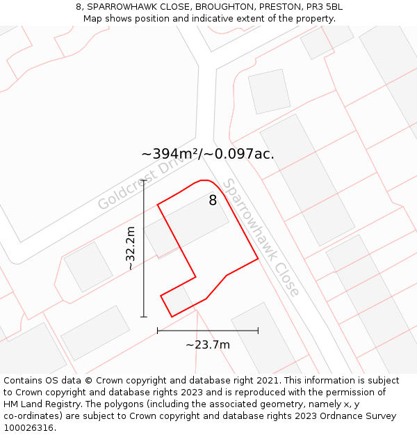 8, SPARROWHAWK CLOSE, BROUGHTON, PRESTON, PR3 5BL: Plot and title map