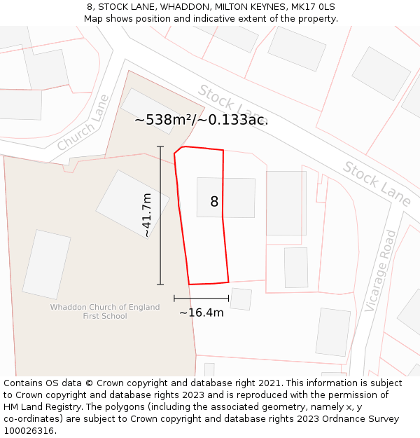8, STOCK LANE, WHADDON, MILTON KEYNES, MK17 0LS: Plot and title map