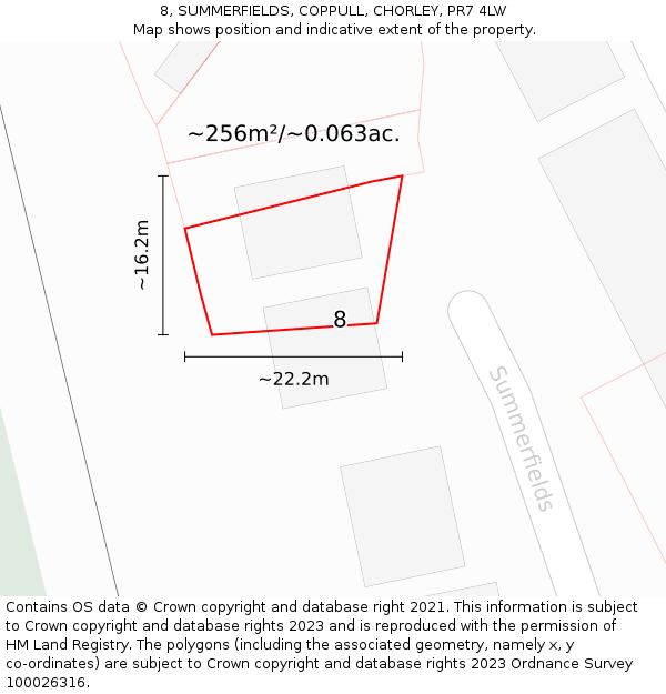8, SUMMERFIELDS, COPPULL, CHORLEY, PR7 4LW: Plot and title map
