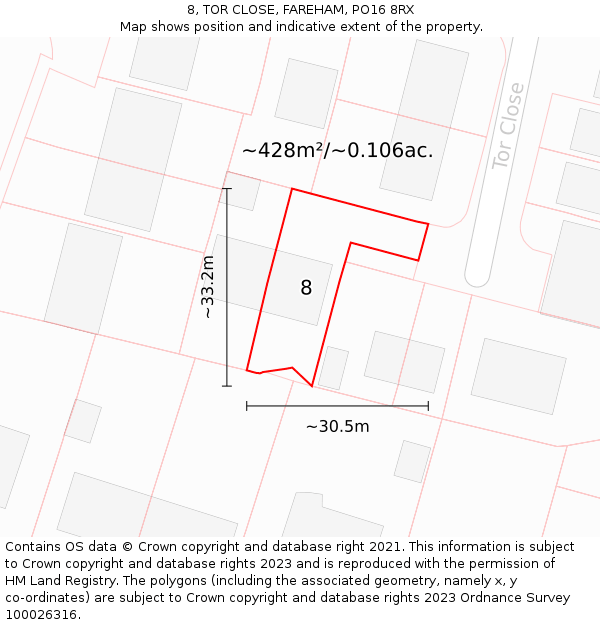 8, TOR CLOSE, FAREHAM, PO16 8RX: Plot and title map