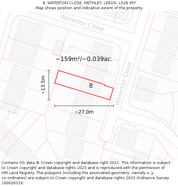 8, WATERTON CLOSE, METHLEY, LEEDS, LS26 9FF: Plot and title map