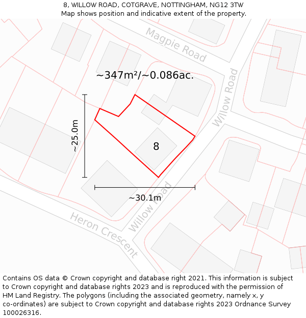 8, WILLOW ROAD, COTGRAVE, NOTTINGHAM, NG12 3TW: Plot and title map
