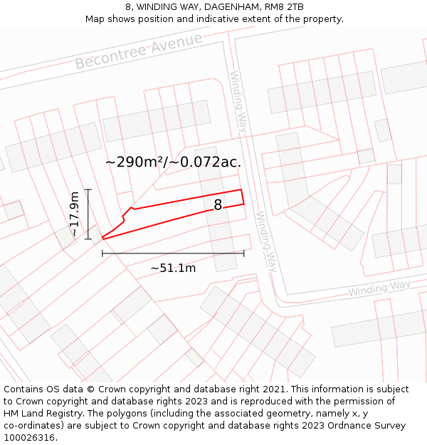 8, WINDING WAY, DAGENHAM, RM8 2TB: Plot and title map