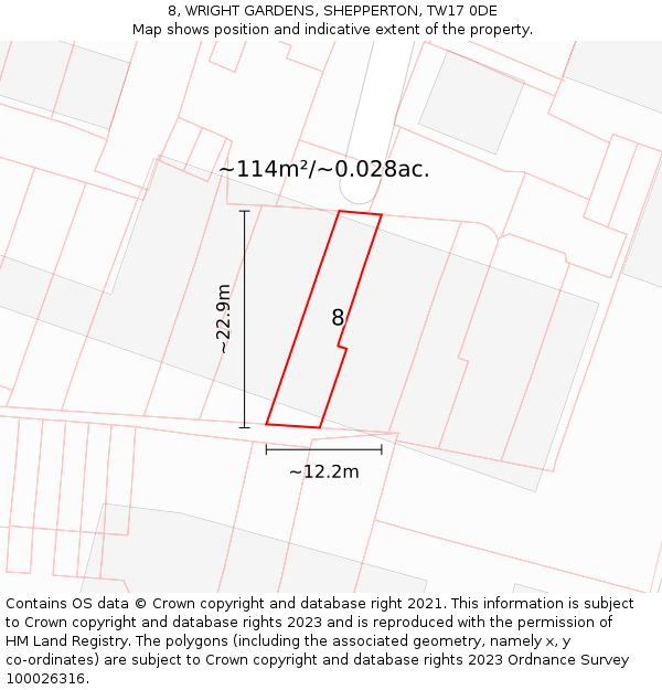 8, WRIGHT GARDENS, SHEPPERTON, TW17 0DE: Plot and title map