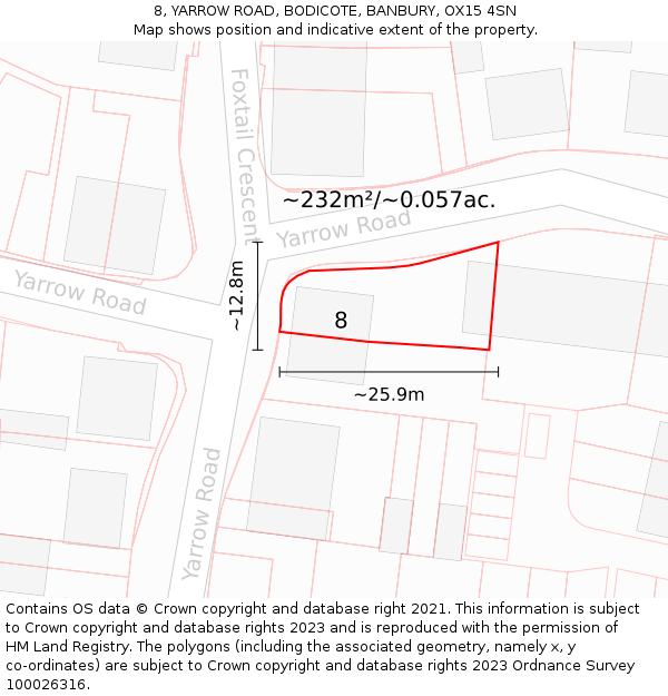 8, YARROW ROAD, BODICOTE, BANBURY, OX15 4SN: Plot and title map