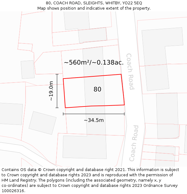 80, COACH ROAD, SLEIGHTS, WHITBY, YO22 5EQ: Plot and title map
