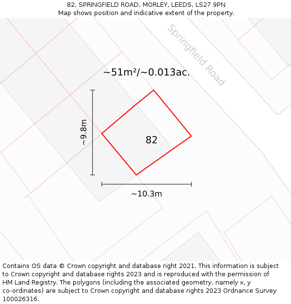 82, SPRINGFIELD ROAD, MORLEY, LEEDS, LS27 9PN: Plot and title map