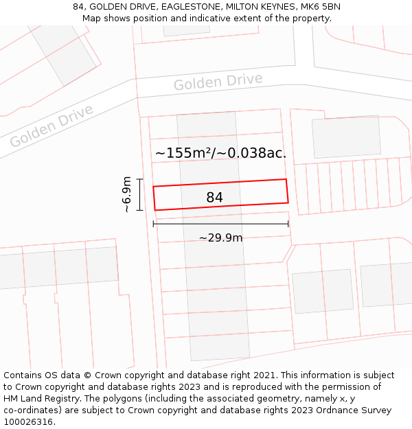 84, GOLDEN DRIVE, EAGLESTONE, MILTON KEYNES, MK6 5BN: Plot and title map