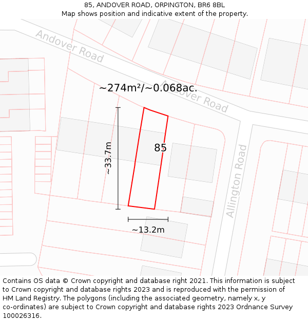 85, ANDOVER ROAD, ORPINGTON, BR6 8BL: Plot and title map