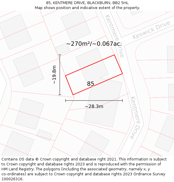 85, KENTMERE DRIVE, BLACKBURN, BB2 5HL: Plot and title map