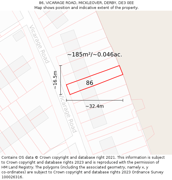 86, VICARAGE ROAD, MICKLEOVER, DERBY, DE3 0EE: Plot and title map