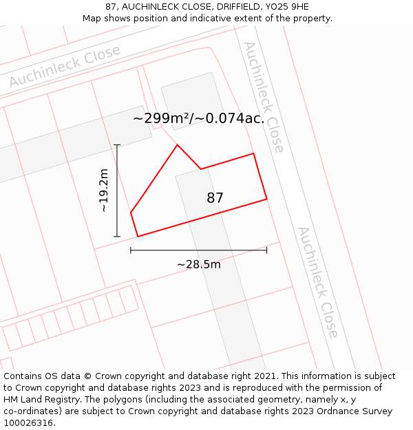 87, AUCHINLECK CLOSE, DRIFFIELD, YO25 9HE: Plot and title map