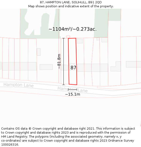 87, HAMPTON LANE, SOLIHULL, B91 2QD: Plot and title map