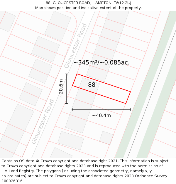 88, GLOUCESTER ROAD, HAMPTON, TW12 2UJ: Plot and title map