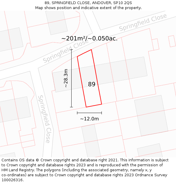 89, SPRINGFIELD CLOSE, ANDOVER, SP10 2QS: Plot and title map