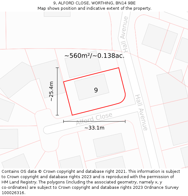 9, ALFORD CLOSE, WORTHING, BN14 9BE: Plot and title map