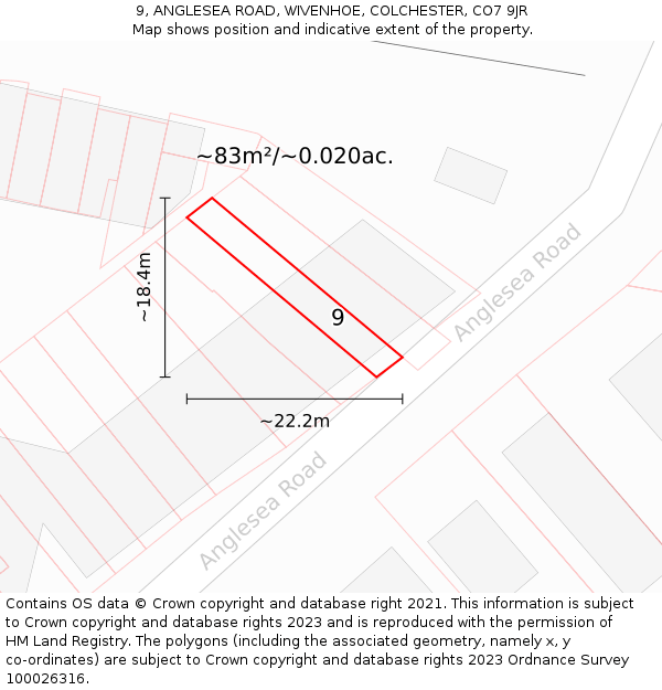 9, ANGLESEA ROAD, WIVENHOE, COLCHESTER, CO7 9JR: Plot and title map