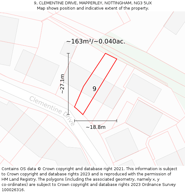 9, CLEMENTINE DRIVE, MAPPERLEY, NOTTINGHAM, NG3 5UX: Plot and title map