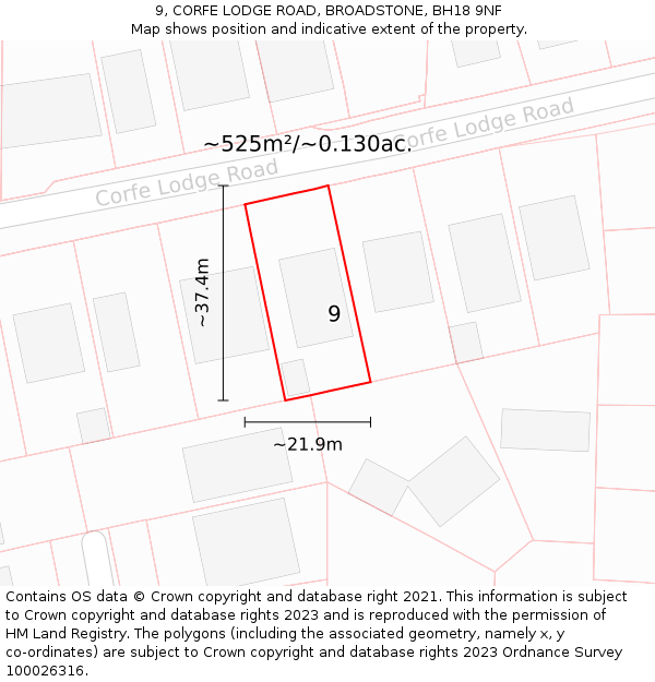 9, CORFE LODGE ROAD, BROADSTONE, BH18 9NF: Plot and title map