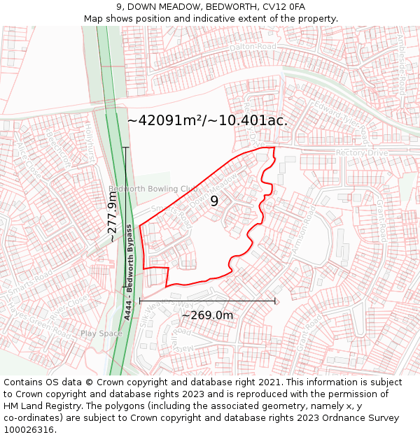 9, DOWN MEADOW, BEDWORTH, CV12 0FA: Plot and title map