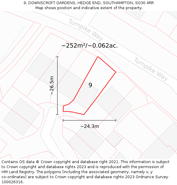 9, DOWNSCROFT GARDENS, HEDGE END, SOUTHAMPTON, SO30 4RR: Plot and title map
