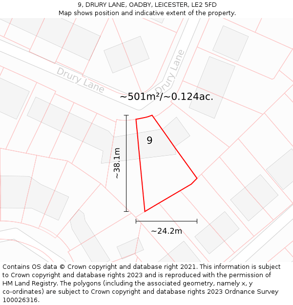 9, DRURY LANE, OADBY, LEICESTER, LE2 5FD: Plot and title map