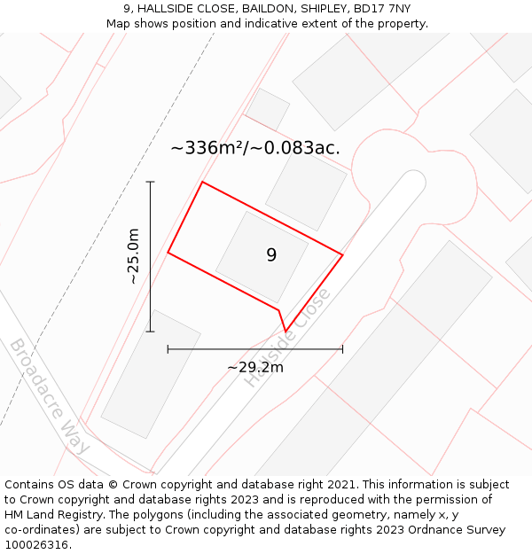 9, HALLSIDE CLOSE, BAILDON, SHIPLEY, BD17 7NY: Plot and title map