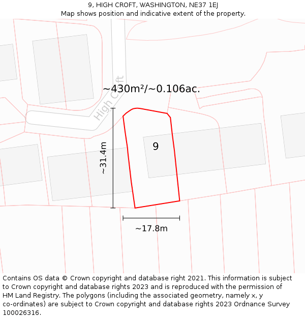9, HIGH CROFT, WASHINGTON, NE37 1EJ: Plot and title map