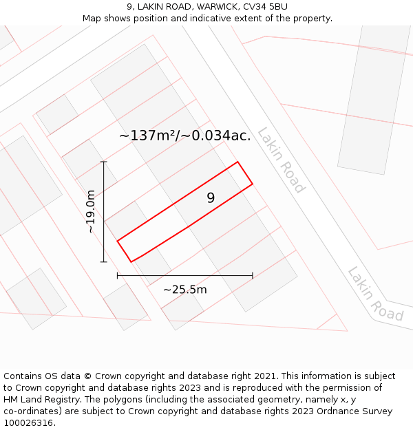 9, LAKIN ROAD, WARWICK, CV34 5BU: Plot and title map